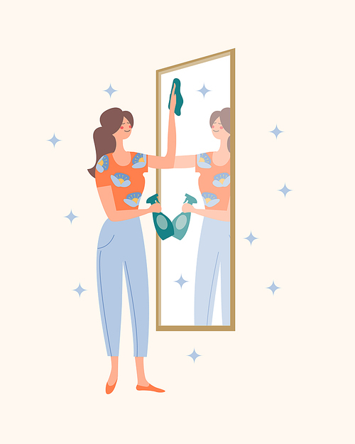The girl washes the mirror. In the mirror, you can see the girl's reflection. Domestic work. Vector illustration on a light background.