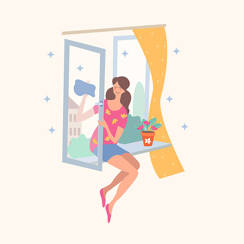 House cleaning. Vector illustration on a light background. A small scene. The girl sitting on the windowsill washes the window. There is a flower pot on the windowsill.