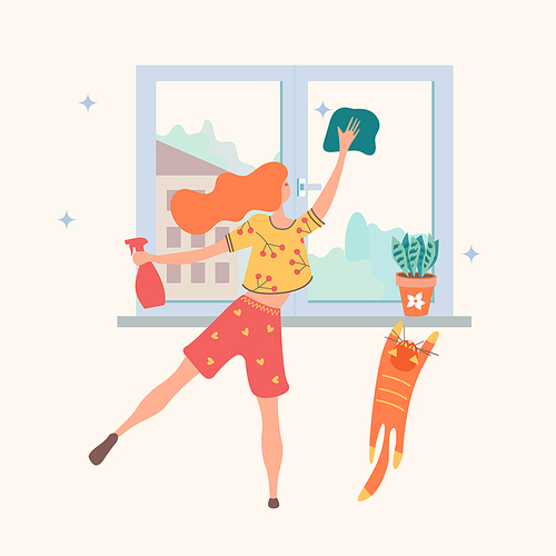 Homework. Cute girl washes the window. There is a flower pot on the windowsill. A red cat tries to climb on the windowsill. Vector illustration.