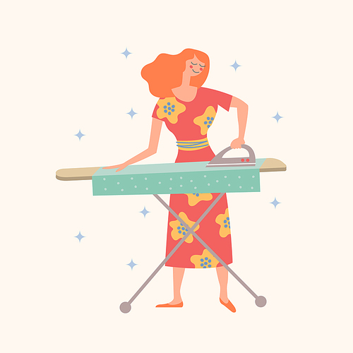 A girl in a beautiful dress is Ironing clothes. Domestic work. House cleaning. Vector illustration on a light background.