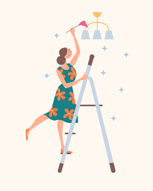 Girl standing on the stairs cleaning the chandelier. Domestic work. Vector illustration on a light background.