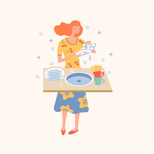 Homework. A cheerful girl in a colorful dress washes dishes. Vector illustration on a light background.