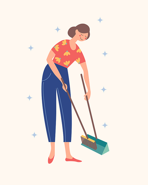 The girl sweeps the floor. Domestic work. Vector illustration on a light background.