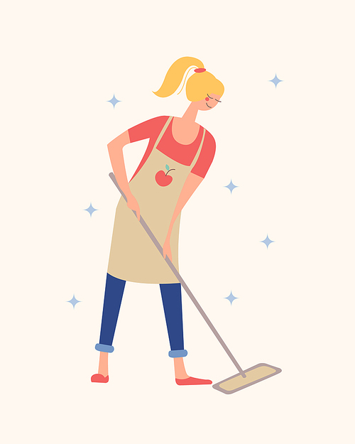 Girl mopping the floor with a MOP. Housework, house cleaning. Vector illustration on a light background.