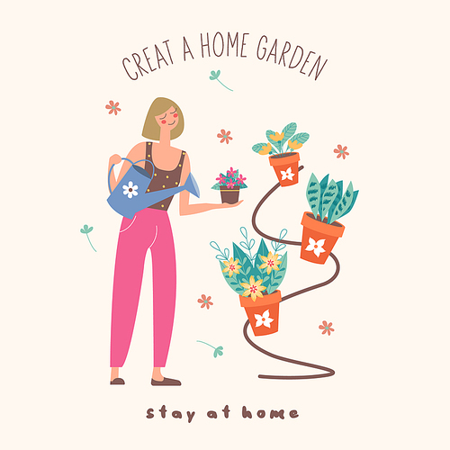 Stay at home. Create a home garden. Girl florist watering potted flowers. Vector illustration. Cute postcard on a light background.