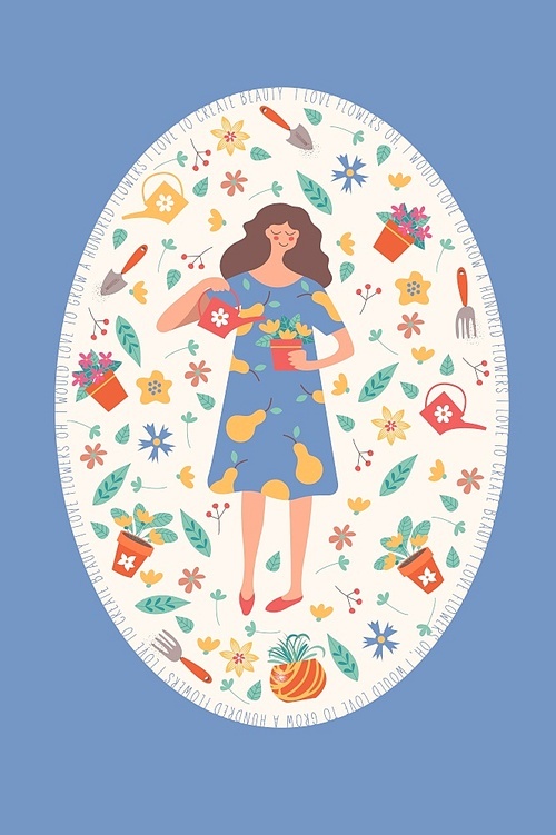 cute girl with a flower pot. oval  with flowers, leaves and garden accessories. cute spring flower . quotes about flowers.