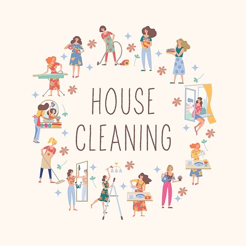 House cleaning. Cute girls do their homework. Girls wash Windows, vacuum, wash clothes, put clothes in the closet, wash the chandelier, wash dishes and mirror. Collection of vector elements.