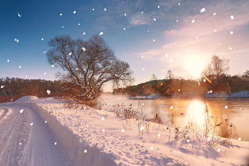 Sun and snowflakes. Sunny winter morning on a river, Belarus