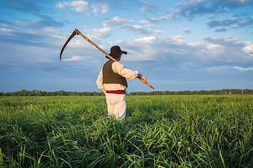 Farmer in a hat  and with a scythe on green field