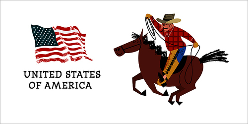 Cowboy on horseback. American flag. Vector illustration on white background. Illustration with unique hand drawn vector textures.