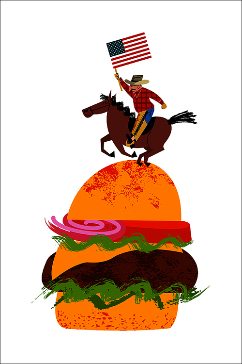 Cowboy riding a horse with an American flag in his hand. Big hamburger. Vector illustration on white background. Illustration with unique hand drawn vector textures.