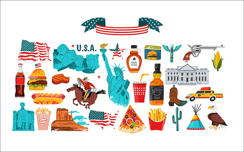 USA. Advertising poster, postcard. Great collection of items, attractions, traditions, Souvenirs and food of America. Vector illustration on white background with hand drawn vector textures.