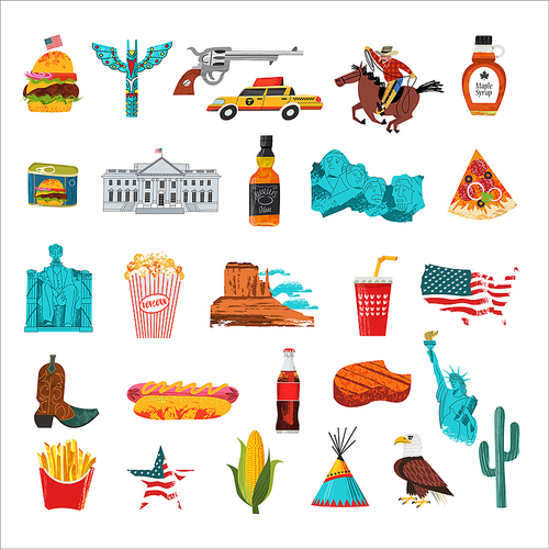 USA. Advertising poster, postcard. Great collection of items, attractions, traditions, Souvenirs and food of America. Vector illustration on white background with hand drawn vector textures.