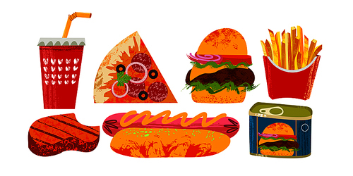 Collection of fast food. Vector illustration on white background. Pizza, hamburger, hot dog, steak, Cola, French fries and ham. American food. With unique hand drawn vector textures.