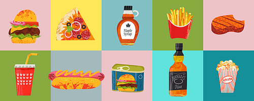 Collection of fast food and beverage items. American food. Vector illustration with hand drawn textures. Pizza, hamburger, whiskey, hot dog, steak, French fries.