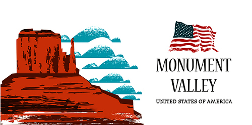 Monument valley in Arizona, USA. Vector illustration with hand drawn textures. American flag. On white background.