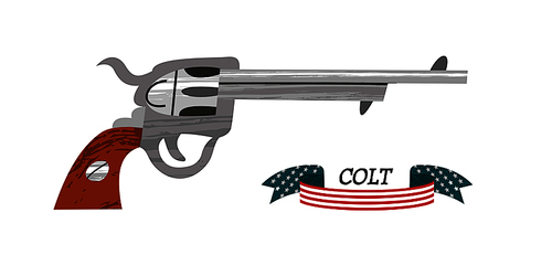 Colt Revolver. Ancient weapon. American revolver. Vector illustration with hand drawn textures. Ribbon in the colors of the American flag.