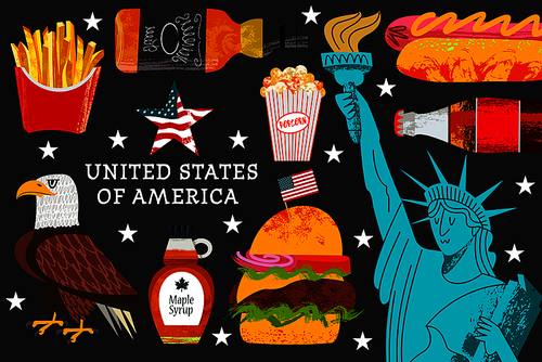 USA. Advertising poster, postcard. Great collection of items, attractions, traditions, Souvenirs and food of America. Vector illustration on black background with hand drawn vector textures.