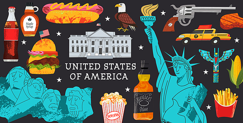 USA. Advertising poster, postcard. Great collection of items, attractions, traditions, Souvenirs and food of America. Vector illustration on black background with hand drawn vector textures.