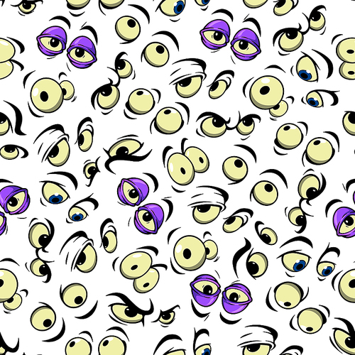 Seamless pattern of emotional comic faces background with cartoon sleepy and tired, scared and surprised, angry and confused, silly and thoughtful eyes characters