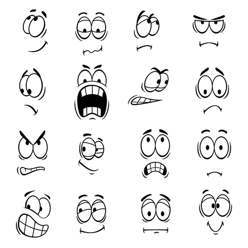 Human cartoon eyes with face expressions and emotions. Cute smiles icons for emoticons. Vector emoji elements smiling, happy, surprised, sad, angry, mad, stupid, crying, shocked, comic, upset silly scared