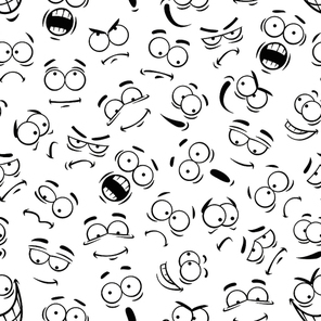 Human face expresions pattern. Vector pattern of cartoon faces with expressions. Cute eyes and mouth smiling, happy and upset, surprised and sad, angry and mad, crying and shocked, comic, silly, scared and optimistic emotions