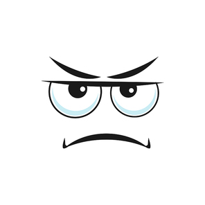 Unhappy suspicious emoji, with offended sorrow head, smile down and big eyes isolated. Vector bored irritated smiley with big eyes, character in depression and bad mood. Upset emoticon with sad face