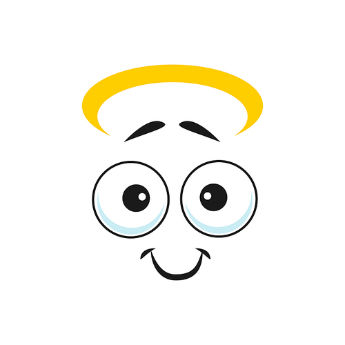 Emoticon angel with halo over head isolated holy emoji sign. Vector smiley, saint person avatar, religion and truth, gladness and love mascot. Sincere emoji, kind facial expression happy emotions