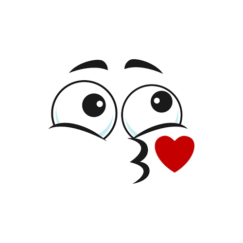 Smiley blowing kiss isolated cartoon character facial expression in love. Vector kissing emoji face with red heart. emoticon giving kiss. Linear face and flying kiss, speech chart social network sign