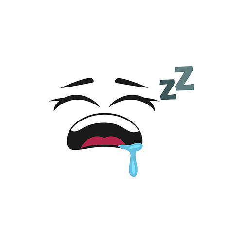 Sleeping emoji with falling saliva and z sign isolated icon. Vector emoticon fall asleep, tired person facial expression. Sleepy smiley, comic cheerful snoring emoticon with wide open mouth