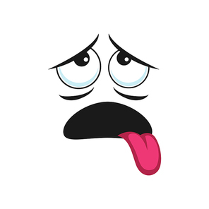 Burnout emoticon isolated icon. Vector exhausted face expression, no energy avatar with tongue out of mouth. Indifferent uncertain emoji, comic smiley head, depressed emoticon. Fatigue tired man