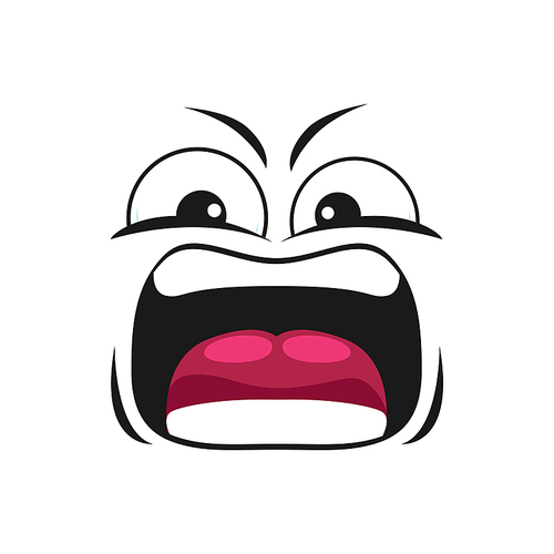 Angry emoji face, shocked emoticon in bad mood with wide open mouth isolated. Vector frightened character, horror face expression, crazy screaming emoticon. Shouting smiley, screaming character