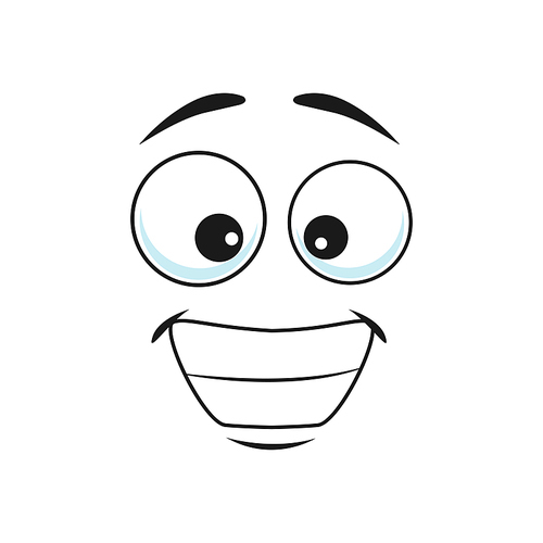 Cartoon face isolated vector icon, wide delighted smile facial emoji, happy funny creature, happy human emotion, comic face with toothy smiling mouth and round eyes
