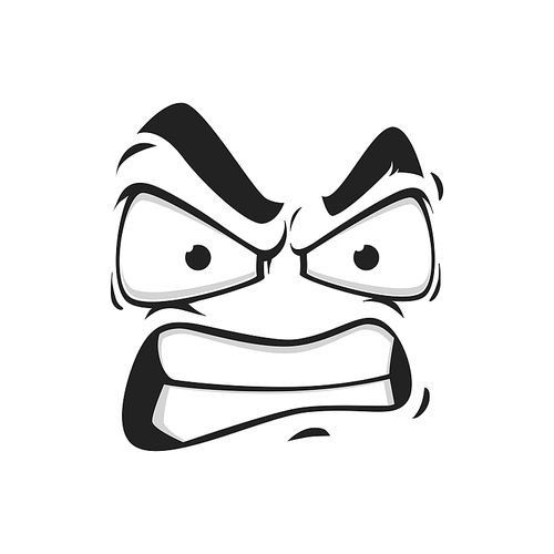 Cartoon face vector icon, emoji with angry eyes and gnash teeth. Negative facial expression, angry feelings, comic face with toothy mouth isolated on white 