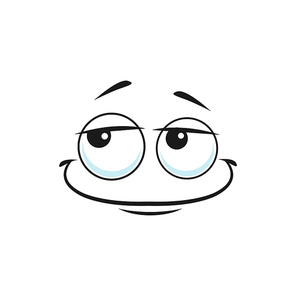 Happy confident emoticon with broad smile and big eyes isolated icon. Vector kind happy emoji with satisfied smile, gesture of happiness and pleasure. Cheerful comic embarrassed smiley line art