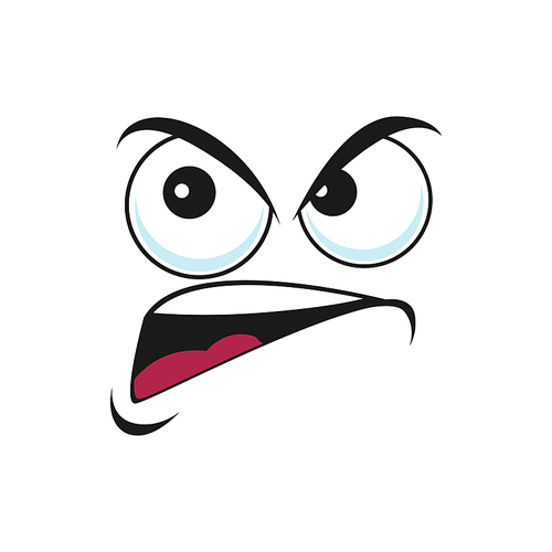 Suspicious emoticon with angry face isolated icon. Vector distrustful emoji with big eyes curved smile, doubtful or questioned smiley line art. Angry disbelief emoticon expression, distrusted sad mood