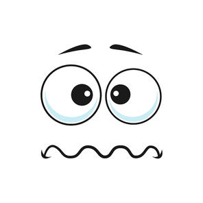 Bored emoticon expression isolate puzzled emoji with curved unhappy smile. Vector indifferent uncertain emoji, comic smiley head, depressed emoticon. Exhausted face expression, avatar with big eyes