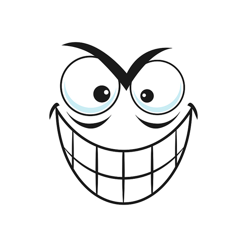 Treacherous emoticon with toothy smile isolated emoji. Vector cute comic face expression with emotion of evil and fear. Smiley demon, cheerful insidious man head, chatbot avatar, social message