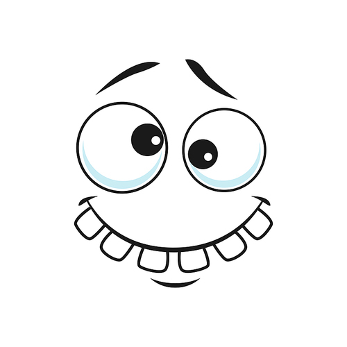 Strange stupid emoticon with broad toothy smile isolated icon. Vector strange emoji with broad smile, crazy idiot. Cheerful person social network emoji, emoticon silly eyes, confused face expression