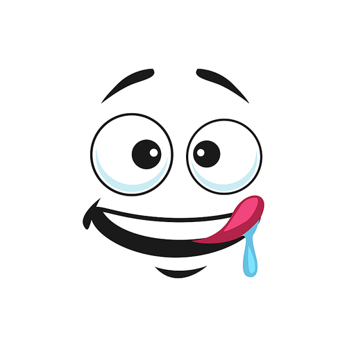 Cartoon face isolated vector icon, licking lips facial emoji, funny hungry creature, emotion toothy smile with round eyes and mouth with red tongue and dripping saliva