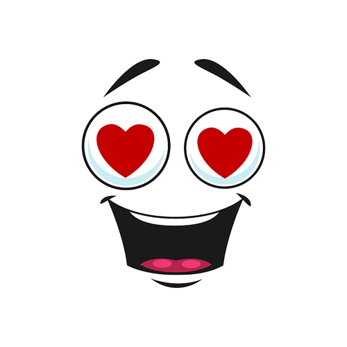 Cartoon face with red hearts in eyes and open smiling mouth, vector love emoji. Funny facial expression, positive feelings, cute character isolated on white 