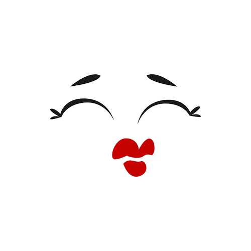 Cartoon face, kissing vector emoji with closed eye and red lips prepare for kiss. Fall in love funny facial expression, positive feelings, cute character isolated on white