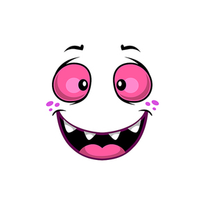 Cartoon face vector icon, funny emoji with wide smiling face and pink astonished eyes. Happy facial expression, positive feelings isolated on white 