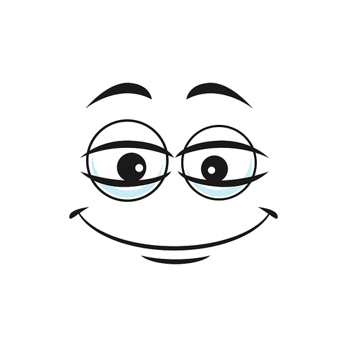 Cartoon face vector icon, funny emoji with smile and kind eyes. Satisfied, calm or relaxed facial expression, positive feelings isolated on white 