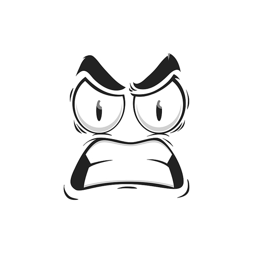 Cartoon face vector emoji with angry eyes and gnash teeth. Negative facial expression, angry feelings, comic face with furrowed brows and toothy mouth isolated on white 