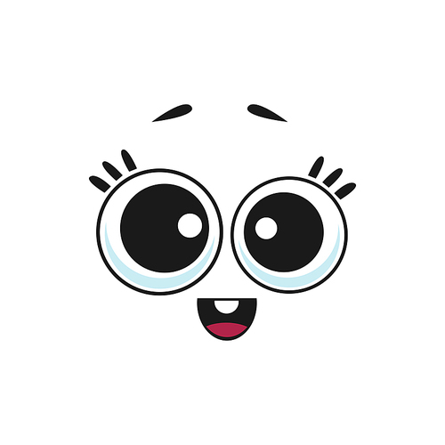 emoticon girl with big eyes and eyelashes isolated emoji. vector smiley woman with wide open eyes, funny comic woman, amazed  wondering baby emoji. thoughtful amazed facial expression