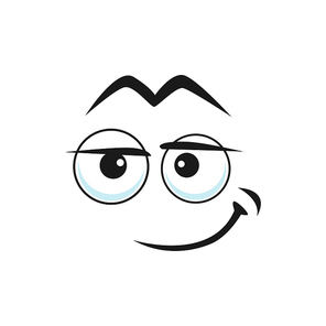 Emoji shy broad smile isolated confident smiley icon. Vector cheerful comic embarrassed smiley, eyebrows together. Find happy emoji with satisfied smile, gesture of self-confidence, successful smiley