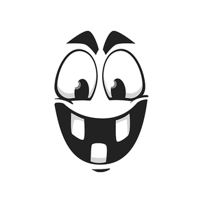 Cartoon face vector icon, happy emoji, laughing facial expression with smiling toothy mouth and wide open eyes. Positive feelings, crazy character isolated on white 