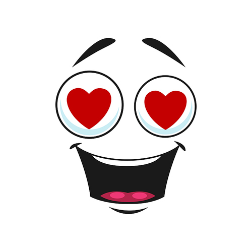 Emoticon in love isolated emoji with hearts on eyes. Vector flirting funny smiley, facial emotion of passion and happiness, joyful friendly emoji. Cute character with loving eyes, chatting symbol