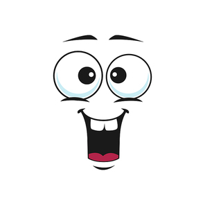 Cheerful comic embarrassed smiley with wide open mouth isolated icon. Vector happy emoticon with broad smile and big eyes. Kind happy emoji with satisfied smile, gesture of happiness and pleasure